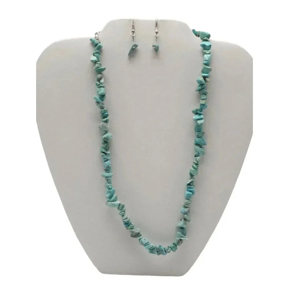 Blue Turquoise Chips Statement Long Necklace Earrings Set Silver Tone Vintage